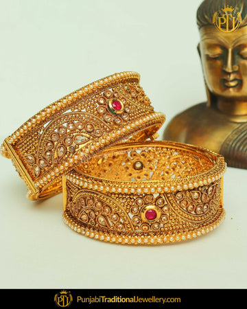 Antique Gold Finished Polki Rubby bangles Openable Bangles (Pair) | Punjabi Traditional Jewellery Exclusive